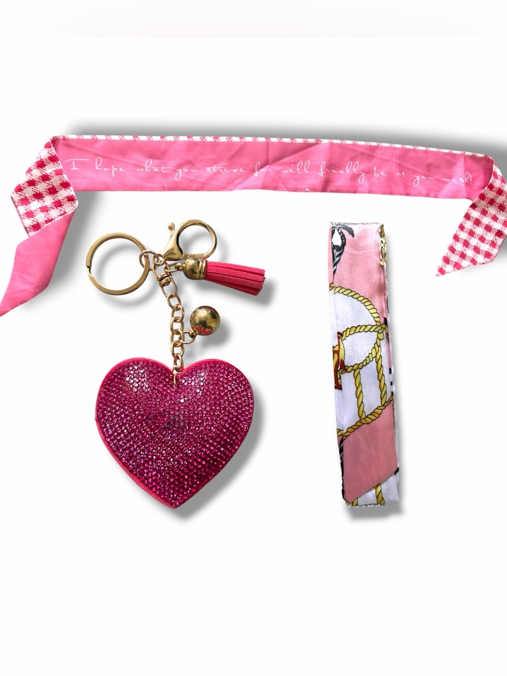 Pink 3 Piece Bag Accessories Bundle Sparkly Heart Keychain Twillie Scarf